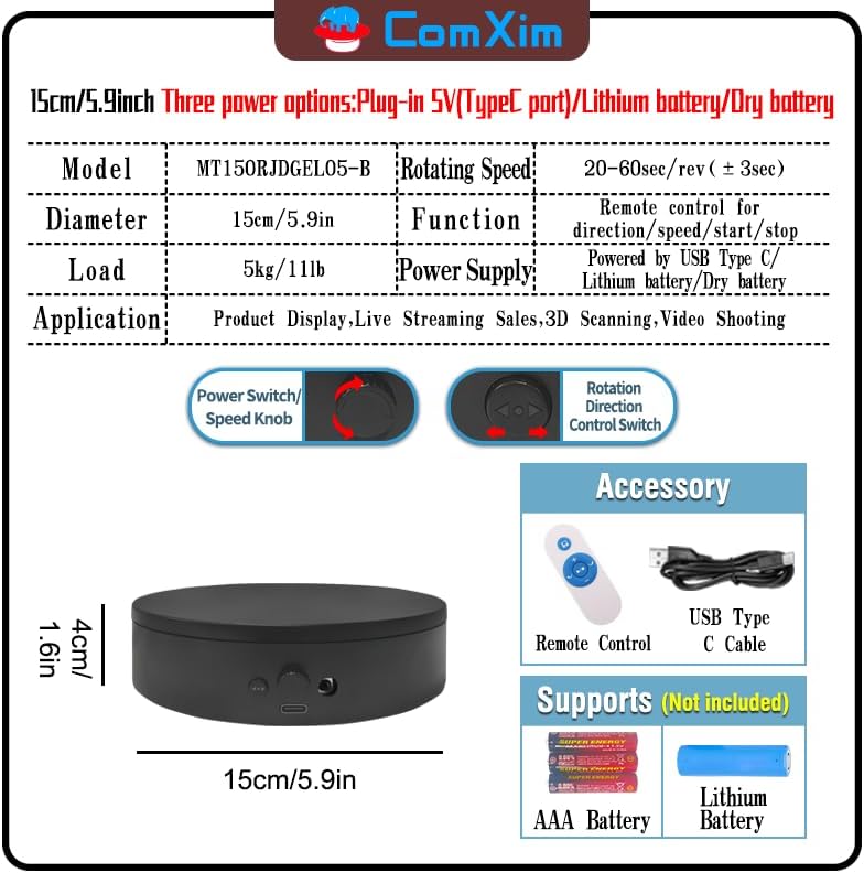 ComXim Knob Speed Adjustment Remote Control Motorized Rotating Display Stand 3d scanner Electric Turntable rotating platform for Photography Shows,Jewelry,Watch,3D Models,Support AAA & charging - Image 2